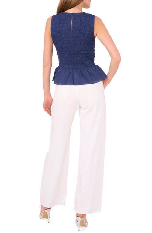 Shop 1.state Smock Bodice Cotton Voile Peplum Top In Tidal Navy Blue