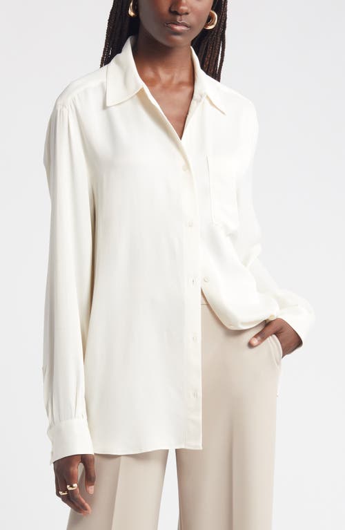 Shop Nordstrom Bishop Sleeve Satin Button-up Shirt In Ivory Pristine