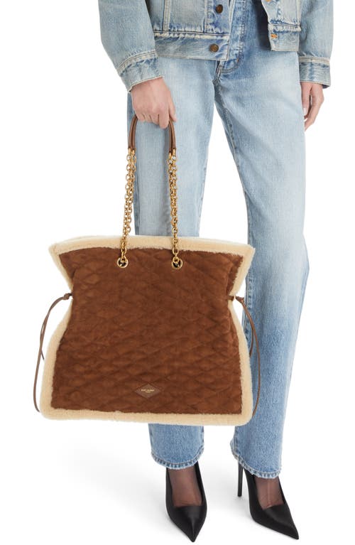 Shop Saint Laurent Le Pochon Genuine Shearling Trim Shoulder Bag In Dark Cigar/natural Beige