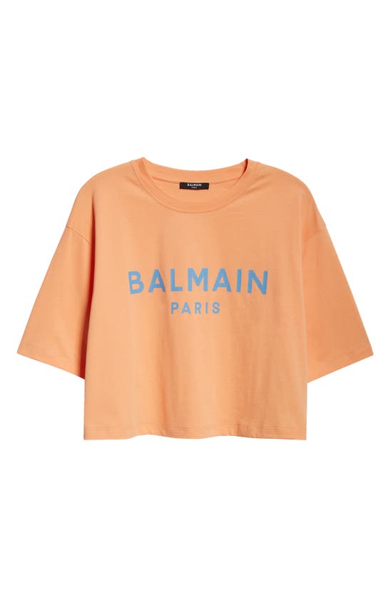Shop Balmain Logo Crop Cotton Graphic T-shirt In Kcw Peach/ Sky Blue