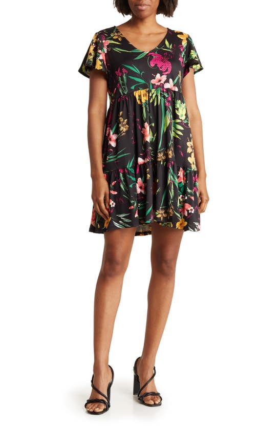 Tash And Sophie Tropical Floral Print Flutter Sleeve Dress In Black