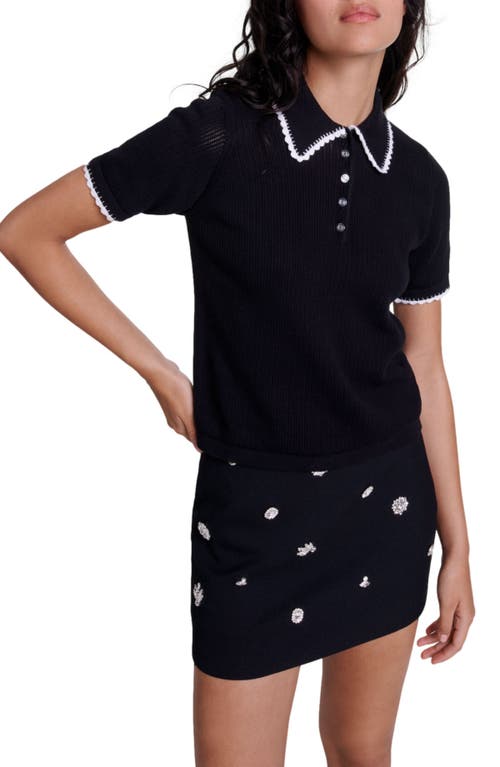 Maje Pointelle Knit Polo Shirt In Black