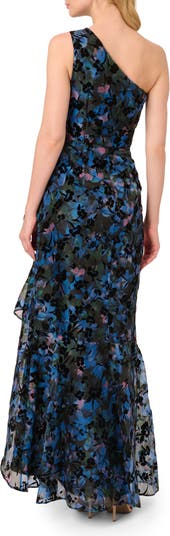 Adrianna Papell Floral Flocked Velvet One Shoulder High Low Gown