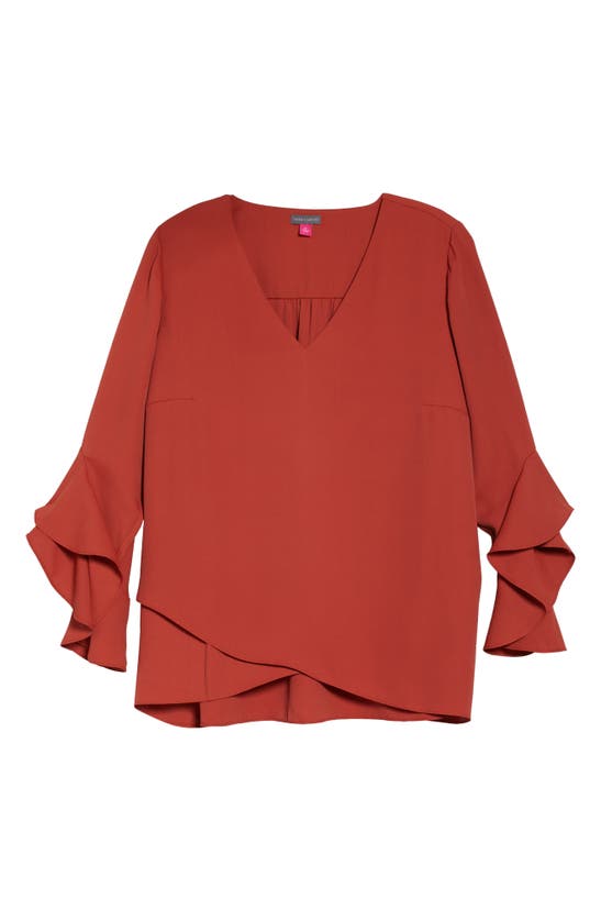 Vince Camuto Flutter Sleeve Crossover Georgette Tunic Top In Terracotta