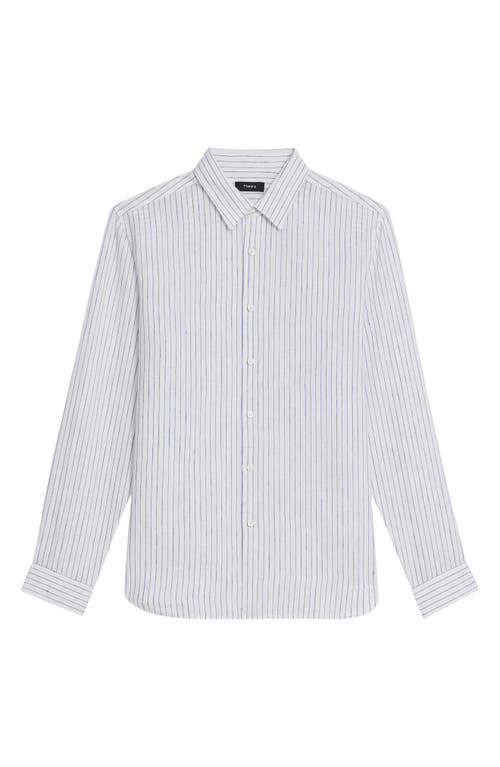 Shop Theory Irving Pinstripe Linen Button-up Shirt In White/ocean