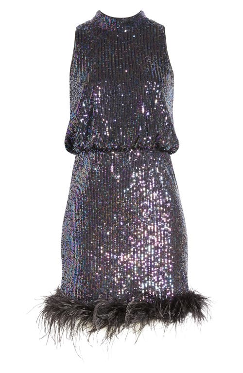 Eliza J Feather Trim Sequin Blouson Minidress In Black Multi