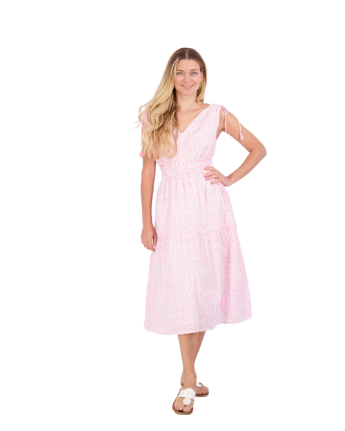 Shop Mer St. Barth Noemie Ruched Shoulder Tie Maxi Dress In Soft Pink Ikat