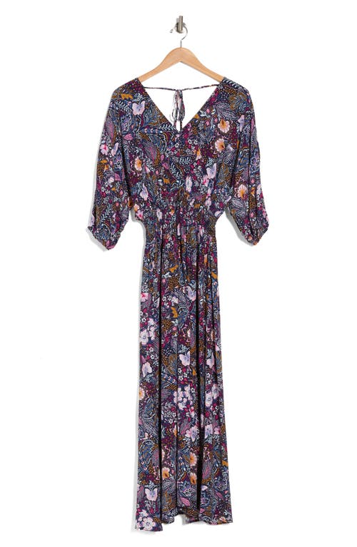 Shop Lovestitch Floral Dolman Sleeve Maxi Dress In Navy/berry