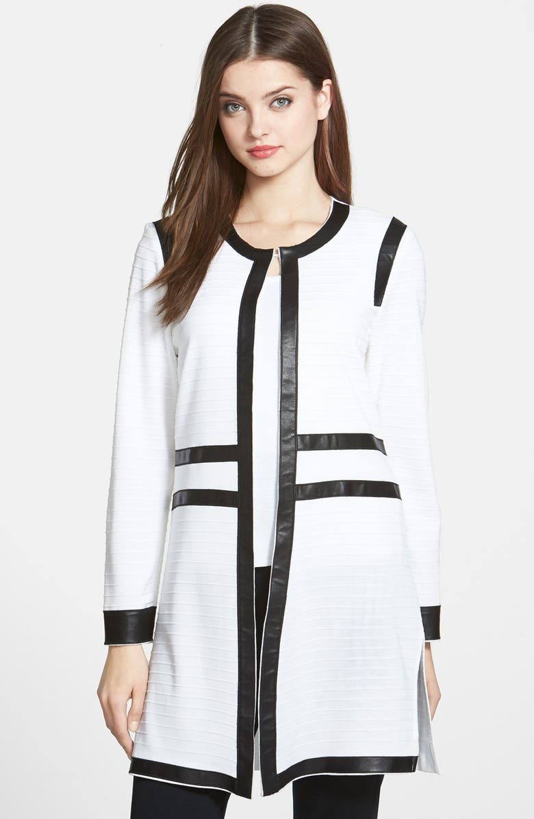 Ming Wang Faux Leather Trim Long Knit Jacket Nordstrom