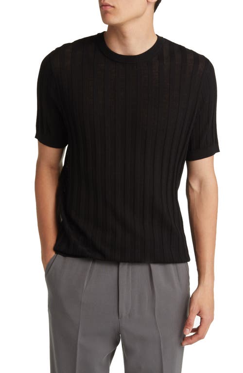 Open Edit Ribbed Short Sleeve Crewneck Sweater in Black