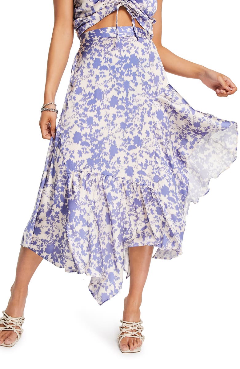 TOPSHOP Floral Asymmetric Skirt, Main, color, MID BLUE