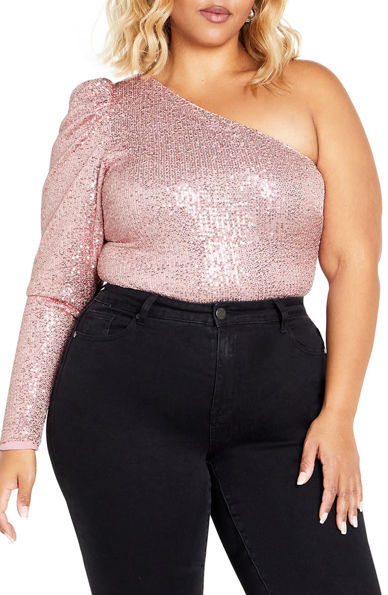 City Chic Katelyn Sequin One Shoulder Bodysuit Nordstrom 0750