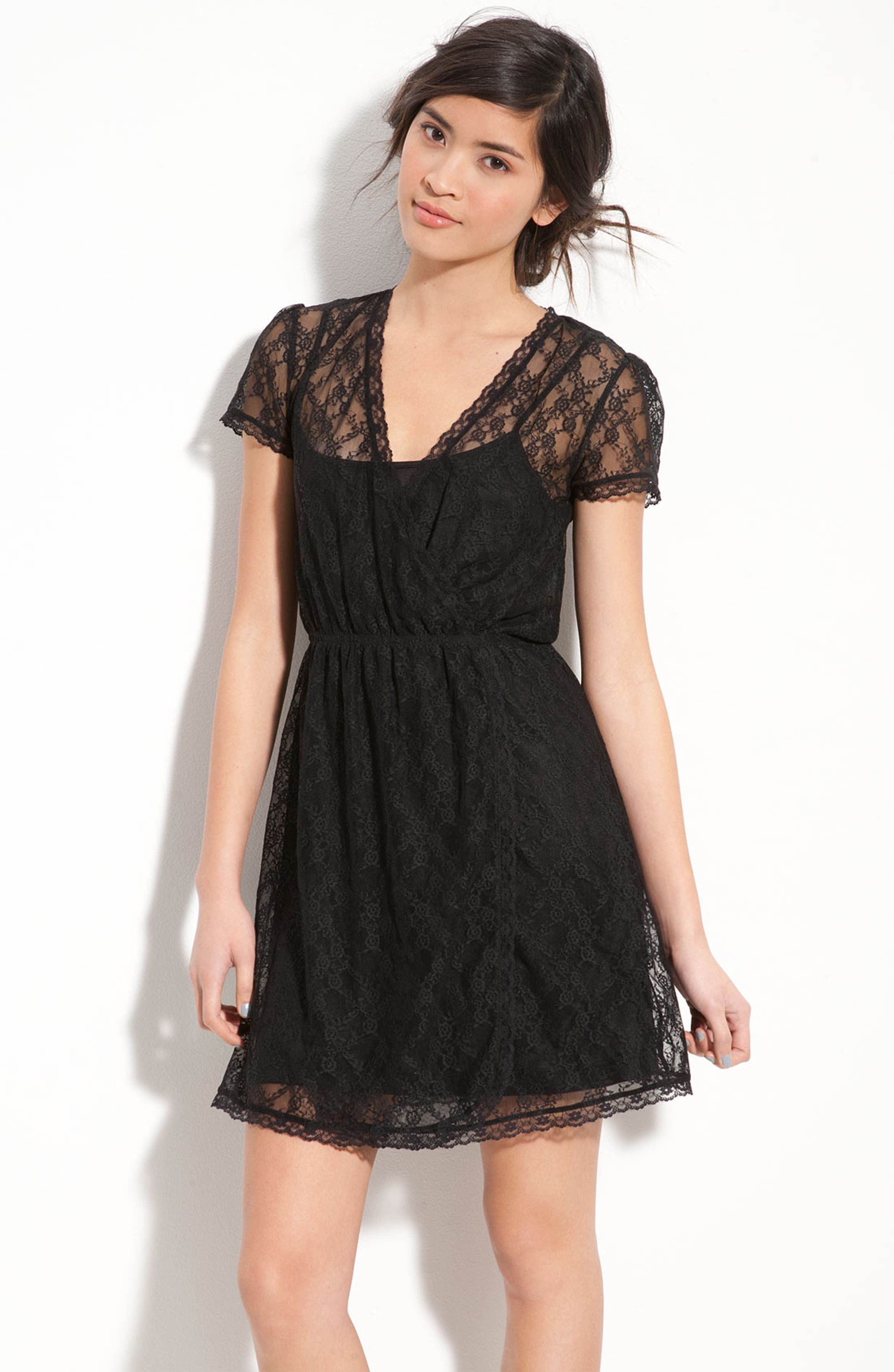 Frenchi® Layered Lace Faux Wrap Dress (Juniors) | Nordstrom
