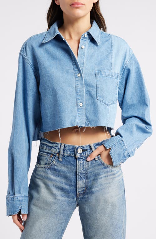 Moussy Lenfred Colorblock Crop Chambray Shirt In Light Blue