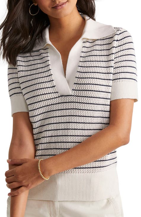 Stripe Short Sleeve Crochet Polo Sweater
