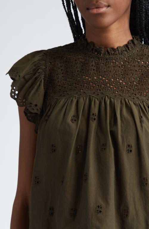 Shop Ulla Johnson Kassi Eyelet Flutter Sleeve Cotton Top In Militaire