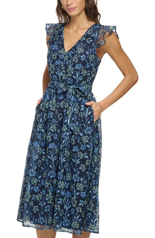 Kensie Women's Flutter Sleeve Floral Day Dress In Navy/green Mutli