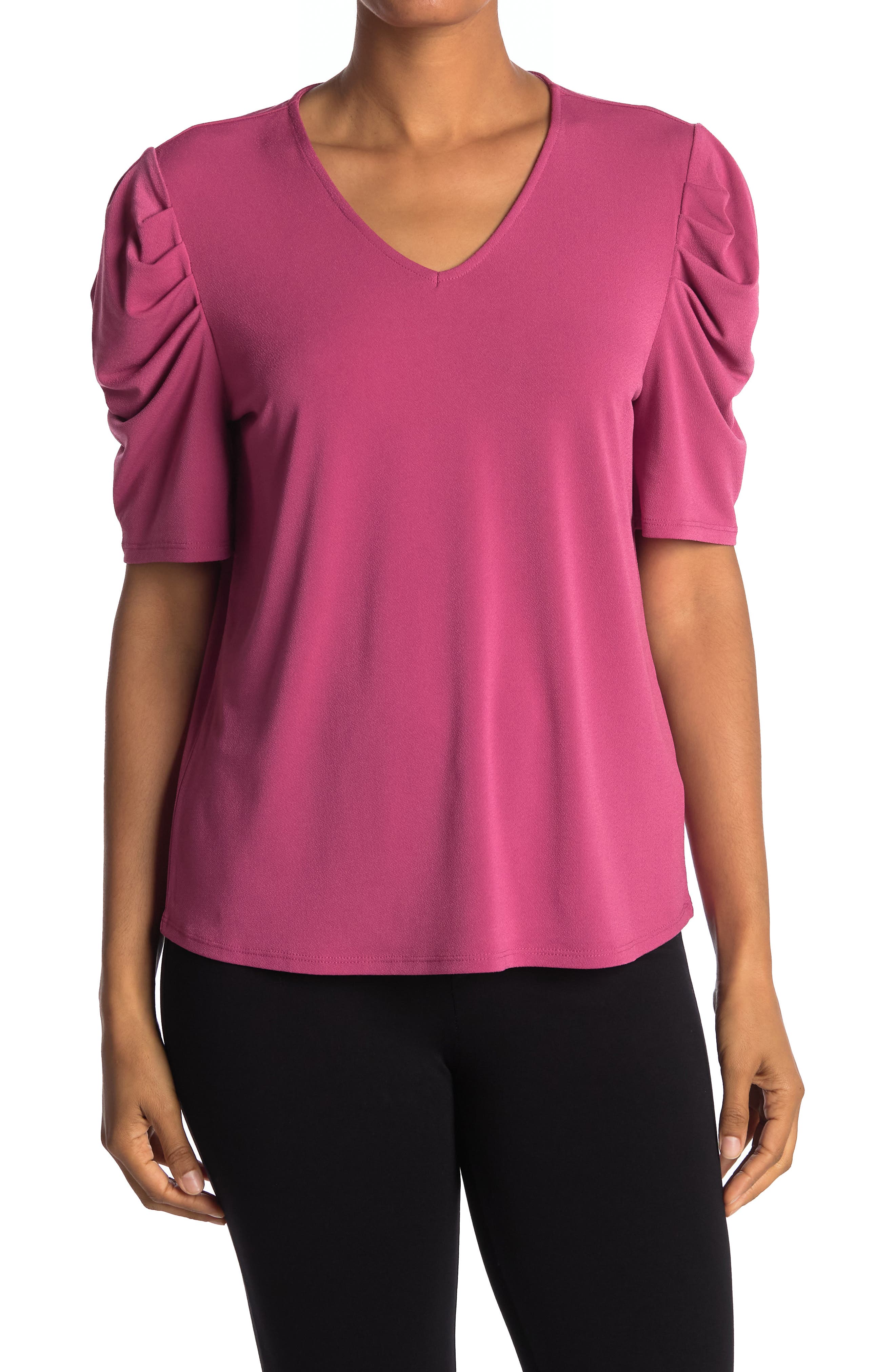Adrianna Papell V-neck Puff Shoulder Moss Crepe Top In Dark Pink2