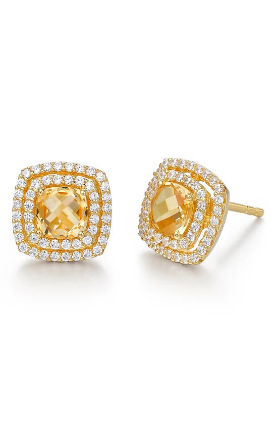 Lafonn Semiprecious Stone & Simulated Diamond Double Halo Cushion Stud Earrings In White/ Citrine