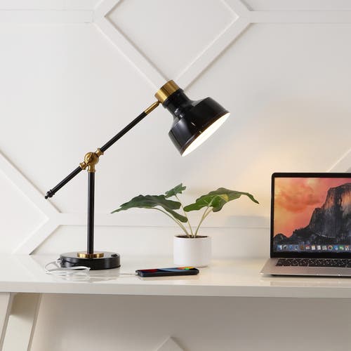 Jonathan Y Allegra Classic Farmhouse Adjustable Cantilever Led Task Lamp With Usb Charging Port In Black/brass Gold