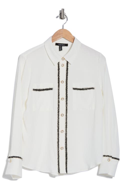 Ellen Tracy Tweed Trim Long Sleeve Button-up Shirt In Marshmallow