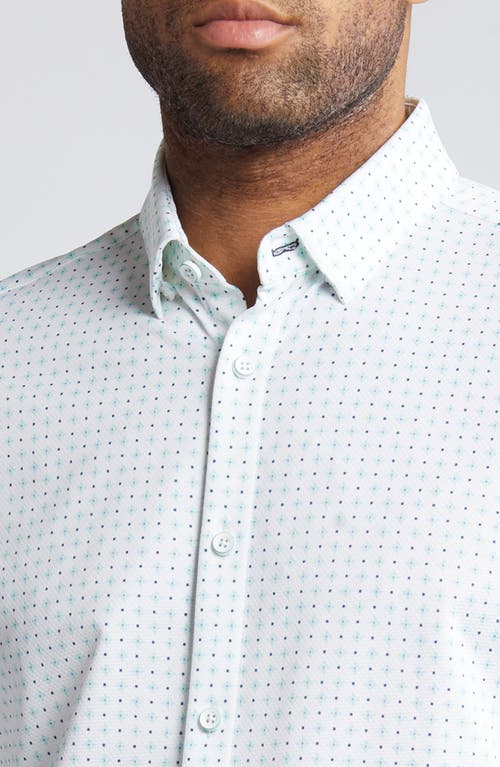 Shop Mizzen + Main Mizzen+main Halyard Neat Short Sleeve Performance Knit Button-up Shirt In White/blue