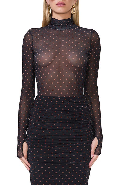 Afrm Zadie Print Turtleneck Mesh Top In Sepia Dot