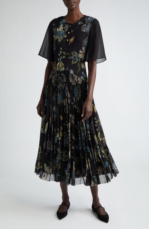 Shop Jason Wu Collection Floral Forest Pleated Drop Waist Midi Dress In Black/multi