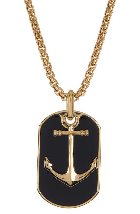 14K Gold Plated Onyx Anchor Pendant Necklace
