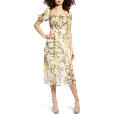 All In Favor Smocked Bodice Print Chiffon Dress, Green