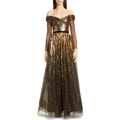 Marchesa Notte Off The Shoulder Long Sleeve Ombre Sequin Gown, Black