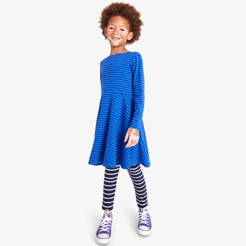 Primary Long Sleeve Twirly Dress In Mini Stripe In Blueberry Cobalt Stripe
