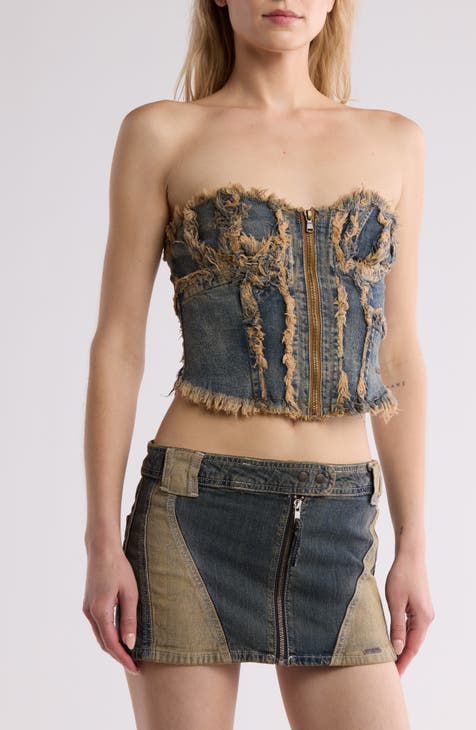 Frayed Edge Strapless Denim Corset