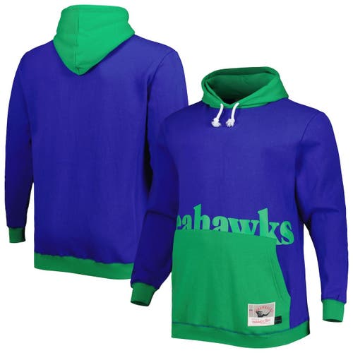 Men's Mitchell & Ness Royal/Green Seattle Seahawks Big & Tall Big Face Pullover Hoodie in Navy