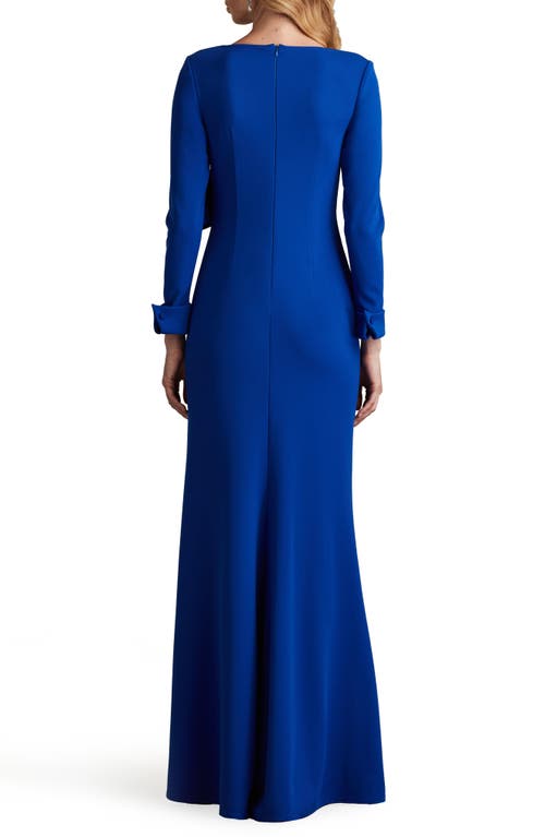 Shop Tadashi Shoji Bow Detail Long Sleeve Gown In Mystic Blue