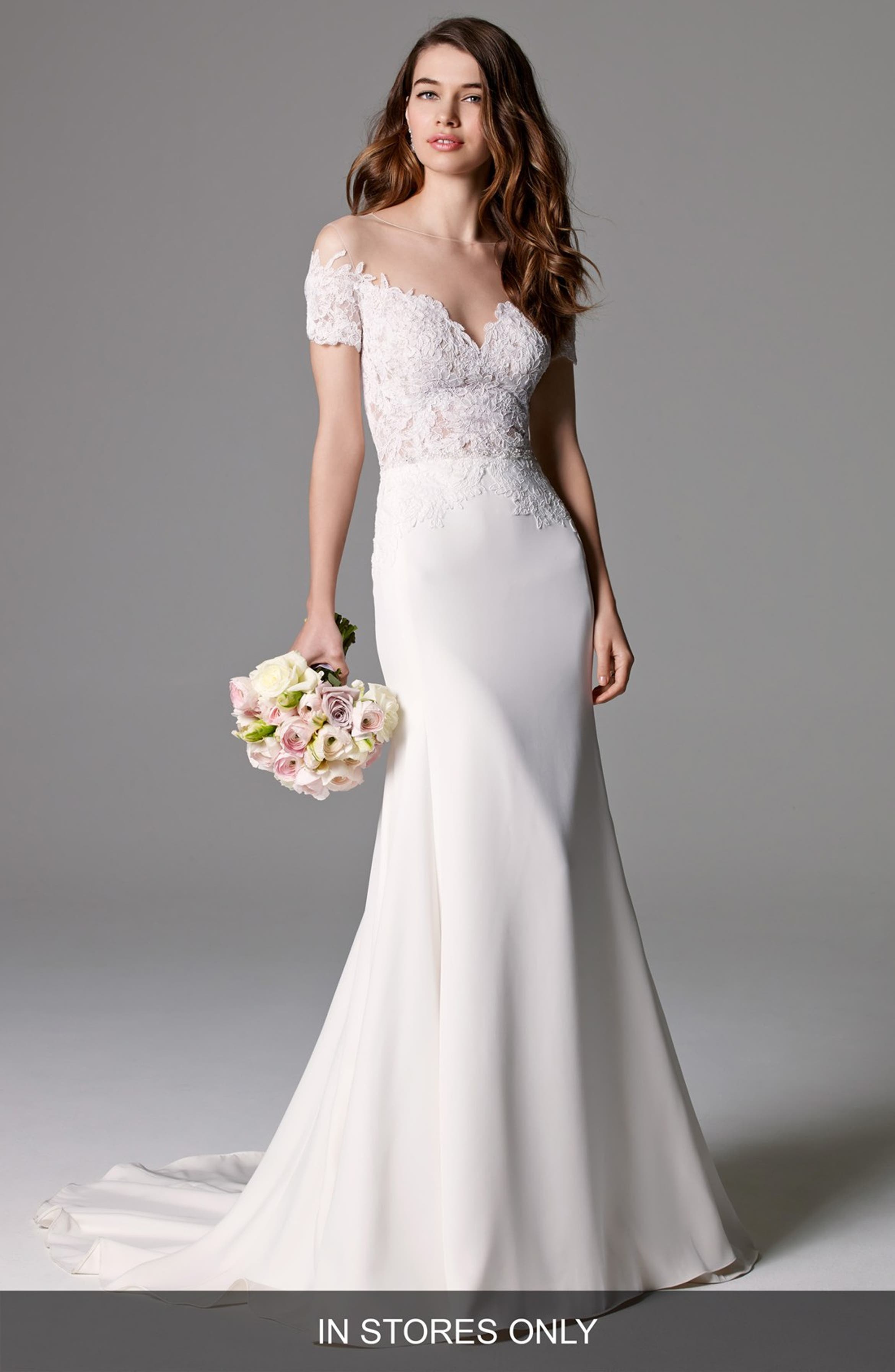 Watters Seaton Illusion Off-the-Shoulder Lace & Georgette Trumpet Gown ...