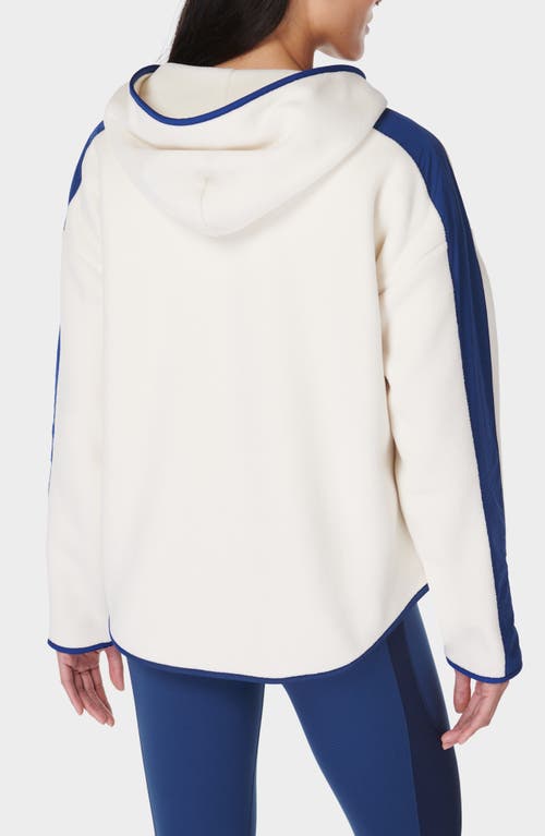 Shop Sweaty Betty Roam Fleece Hooded Jacket In Lilywhite Fluxblue