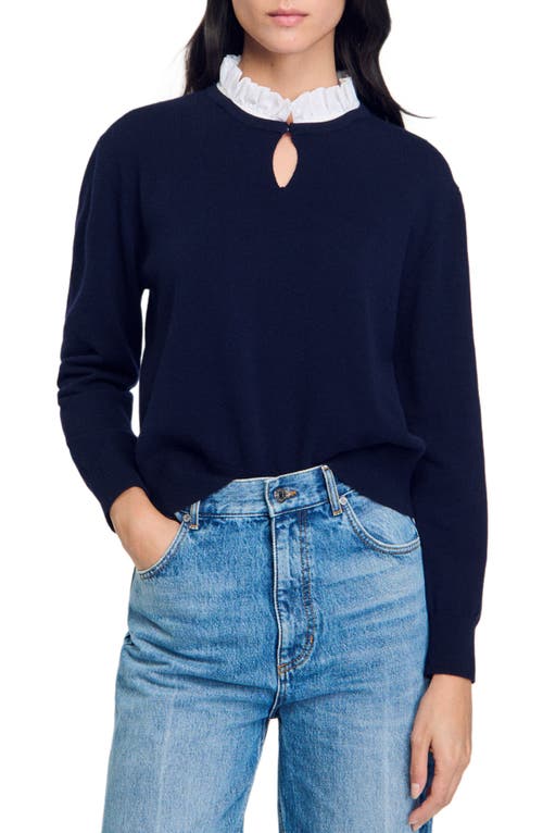 Sandro Ruffled Wool And Cashmere Sweater In Navy Blue