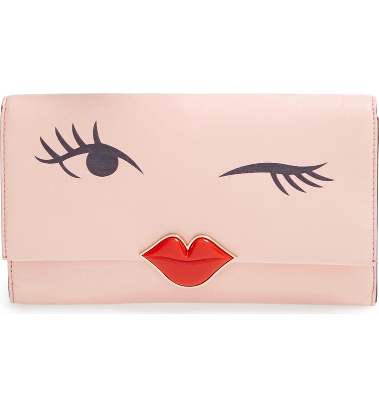 KATE SPADE NEW YORK 'love birds wink' lambskin leather clutch, Main, color, BLUSH