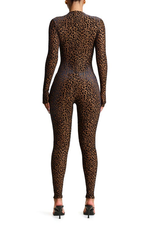 Shop Naked Wardrobe Burnout Velvet Long Sleeve Jumpsuit In Leopard Nude