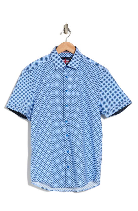 Soul Of London Diamond Print Stretch Cotton Short Sleeve Button-up Shirt In Blue