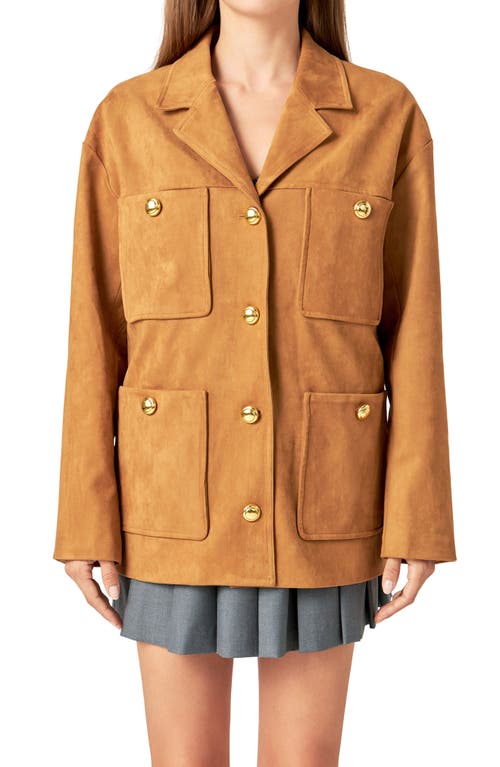 English Factory Padded Shoulder Stretch Faux Suede Jacket In Camel