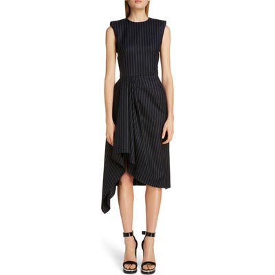 Alexander Mcqueen Pinstripe Asymmetrical Drape Midi Dress, US / 42 IT - Blue