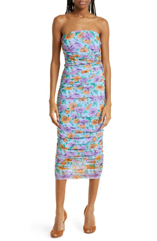 VERONICA BEARD QUIANA FLORAL RUCHED STRAPLESS MIDI DRESS