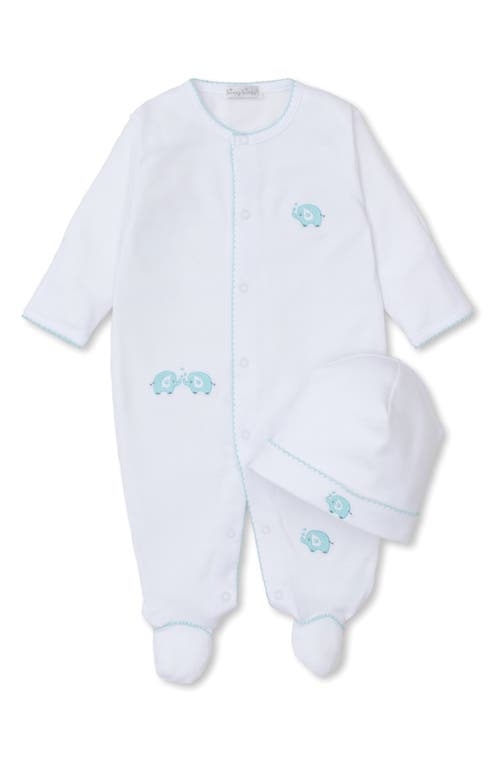 Kissy Elephant Embroidered Pima Cotton Footie & Hat Set White/Mint at Nordstrom,