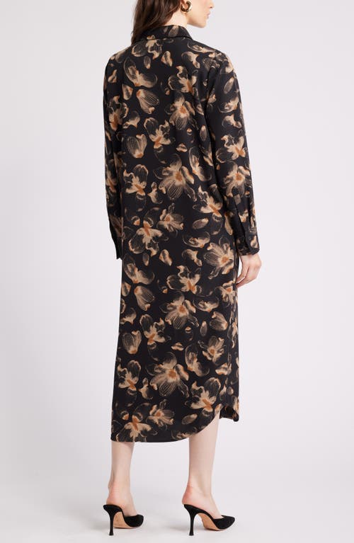 Shop Nordstrom Long Sleeve Satin Midi Shirtdress In Black- Tan Carbon Floral