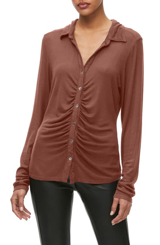 Michael Stars Iman Ruched Button-up Knit Shirt In Chestnut