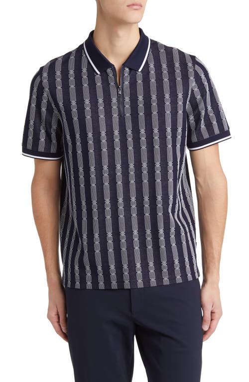 Icken Regular Fit Cable Stripe Jacquard Zip Polo in Navy