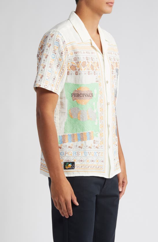 Shop Percival Meal Deal Embroidered Short Sleeve Linen Graphic Camp Shirt In Natural