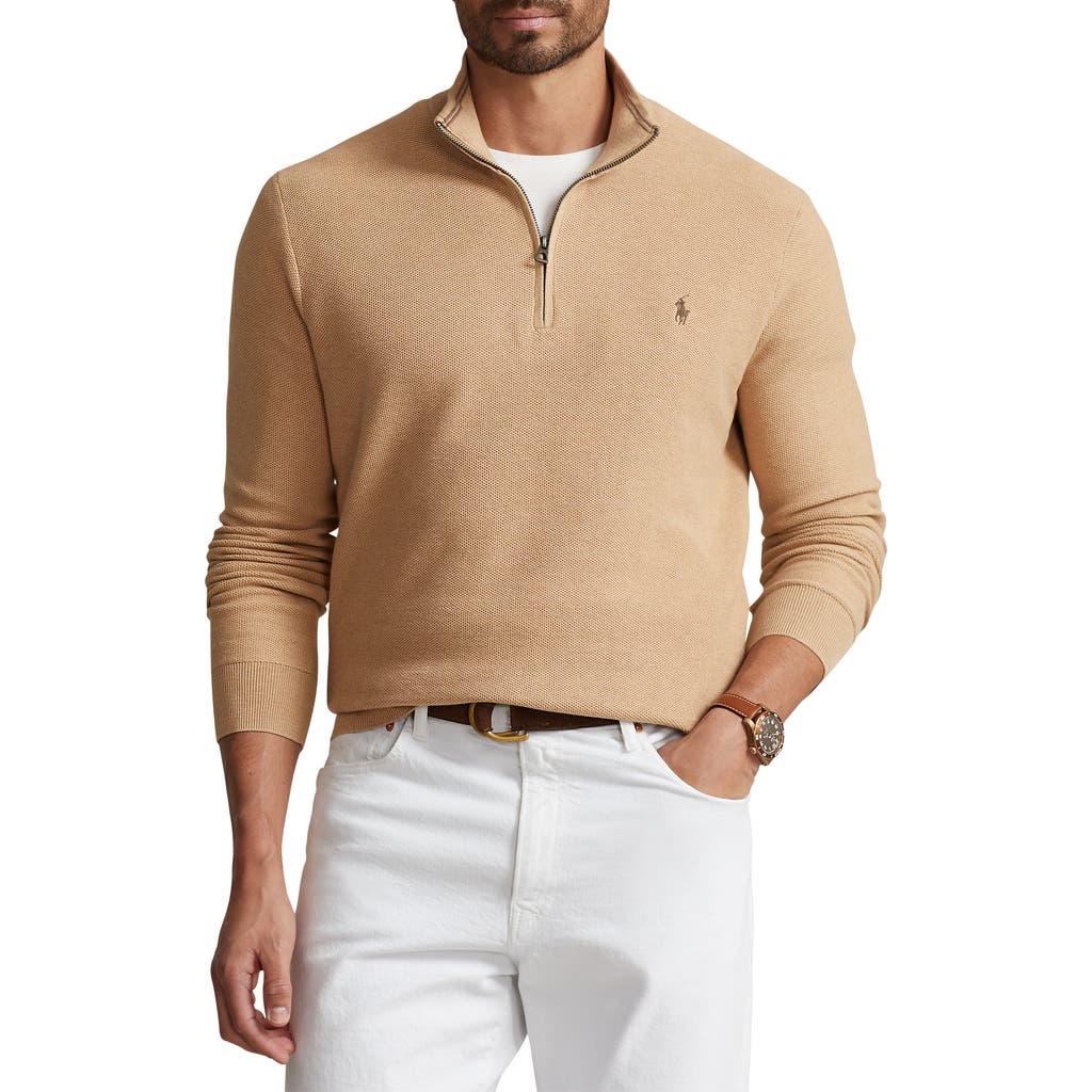 Polo Ralph Lauren Mesh-knit Cotton Quarter-zip Sweater In Camel Melange